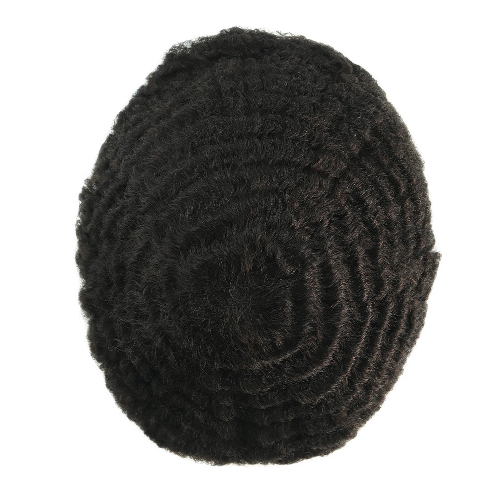 Mens Toupee Human Hair Afro Curl 8mm Full Lace Wig for Men Black Hair System #1B