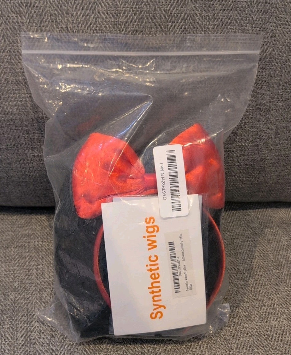 Cosplay Women’s Wig Headband Dark Black Curls Red Bow Cap Brand New