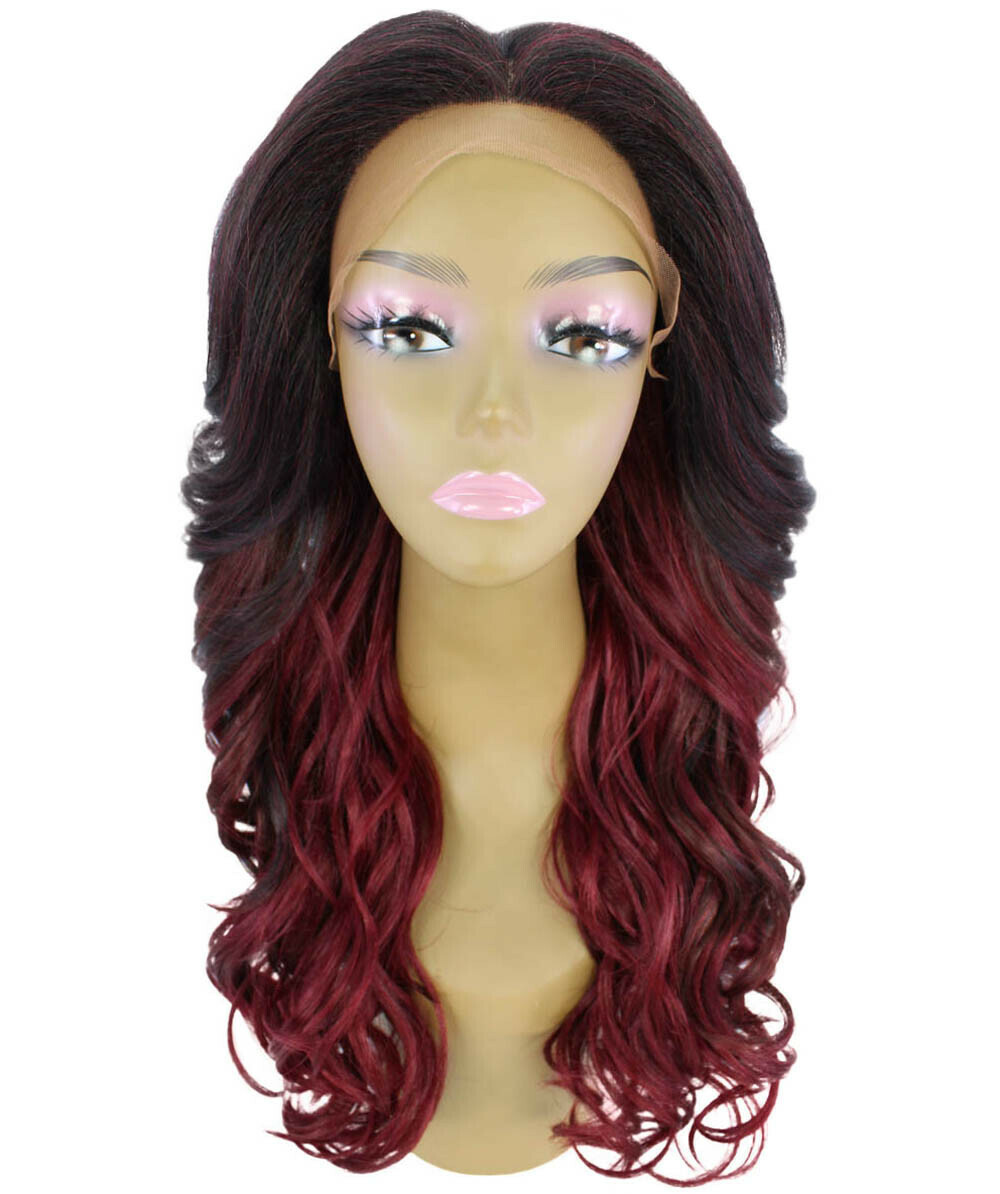 LUXLUXE Yenne Wavy 23 in 4X4 Hand Tied Lace Front Wig, Deep Red over Medium Red