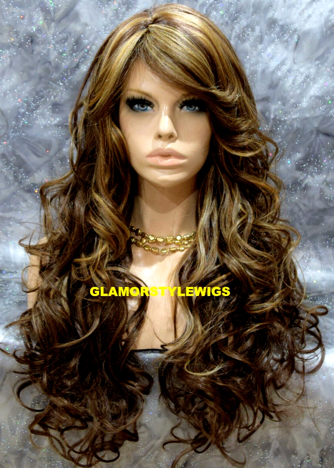 FULL WIG LONG WAVY LAYERED SKIN SIDE PART GOLDEN BROWN MIX HEAT OK #8.27.613 NWT