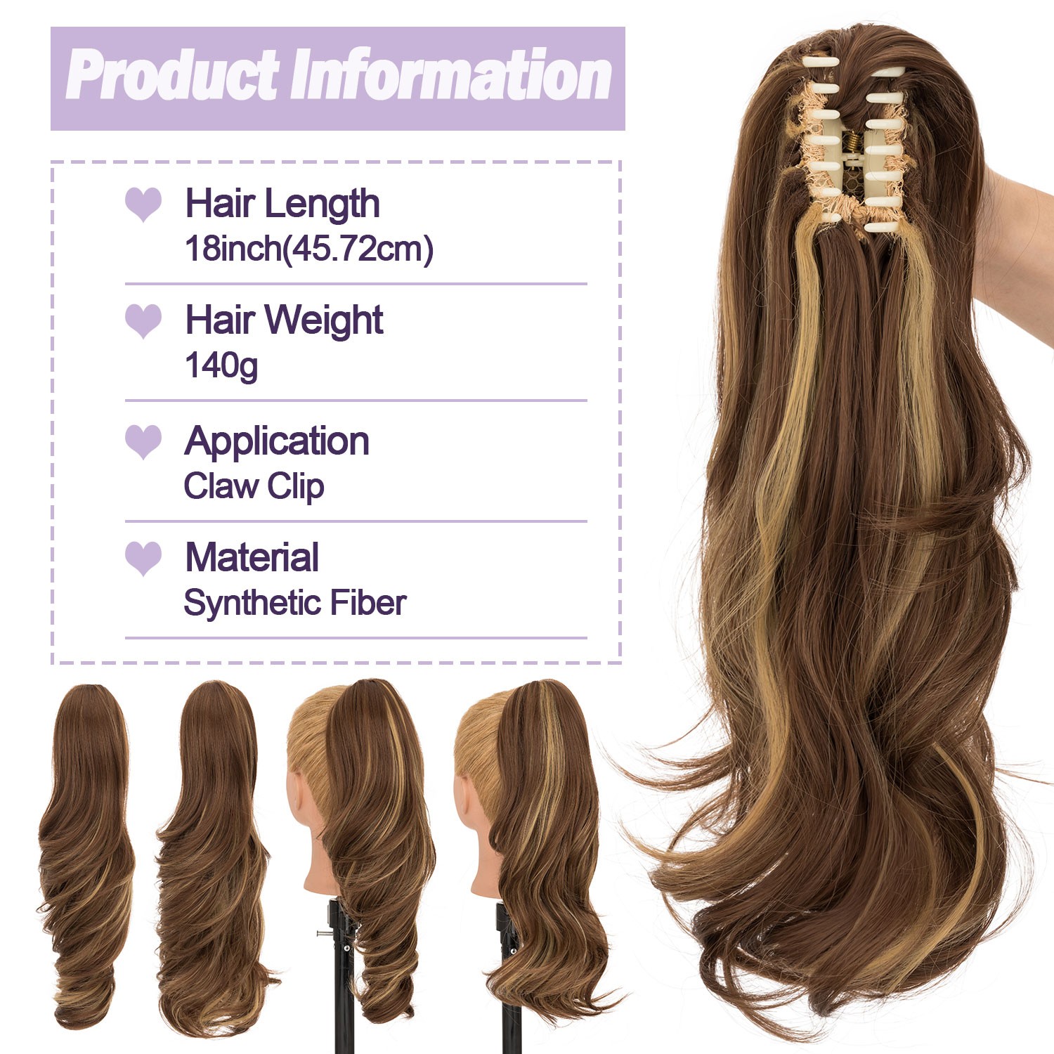 18in Ponytail Claw Clip in As Human Hair Extension Pony Tail Thick Hairpiece USA