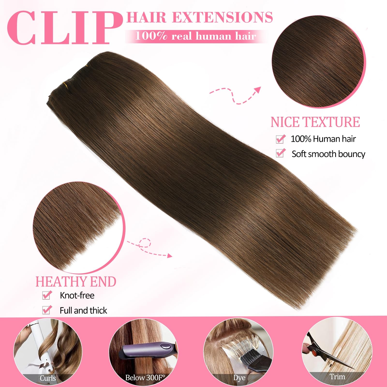 Clip in Hair Extensions Real Human Hair Seamless 8Pcs Double Weft Chocolate Brow