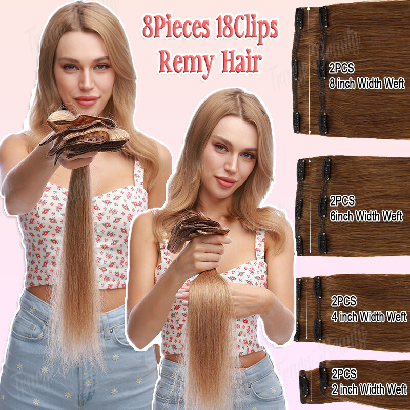 Smooth 8Pieces Clip In Human Remy Hair Extensions 100% Real Full Head Blonde USA