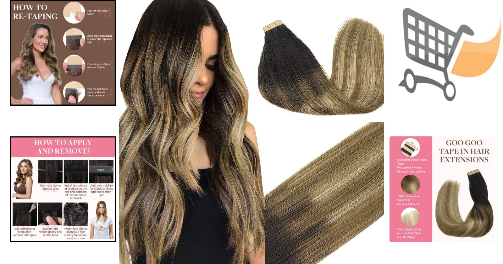Human Hair Tape In Extensions 20in Balayage Brown to Blonde Thick Ends Full L…
