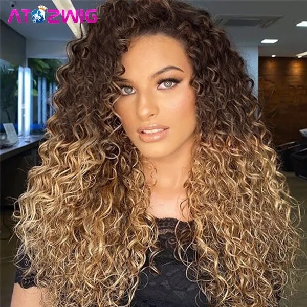Ombre Blonde Long Deep Curly Heat Hair Synthetic Wigs for African American Women
