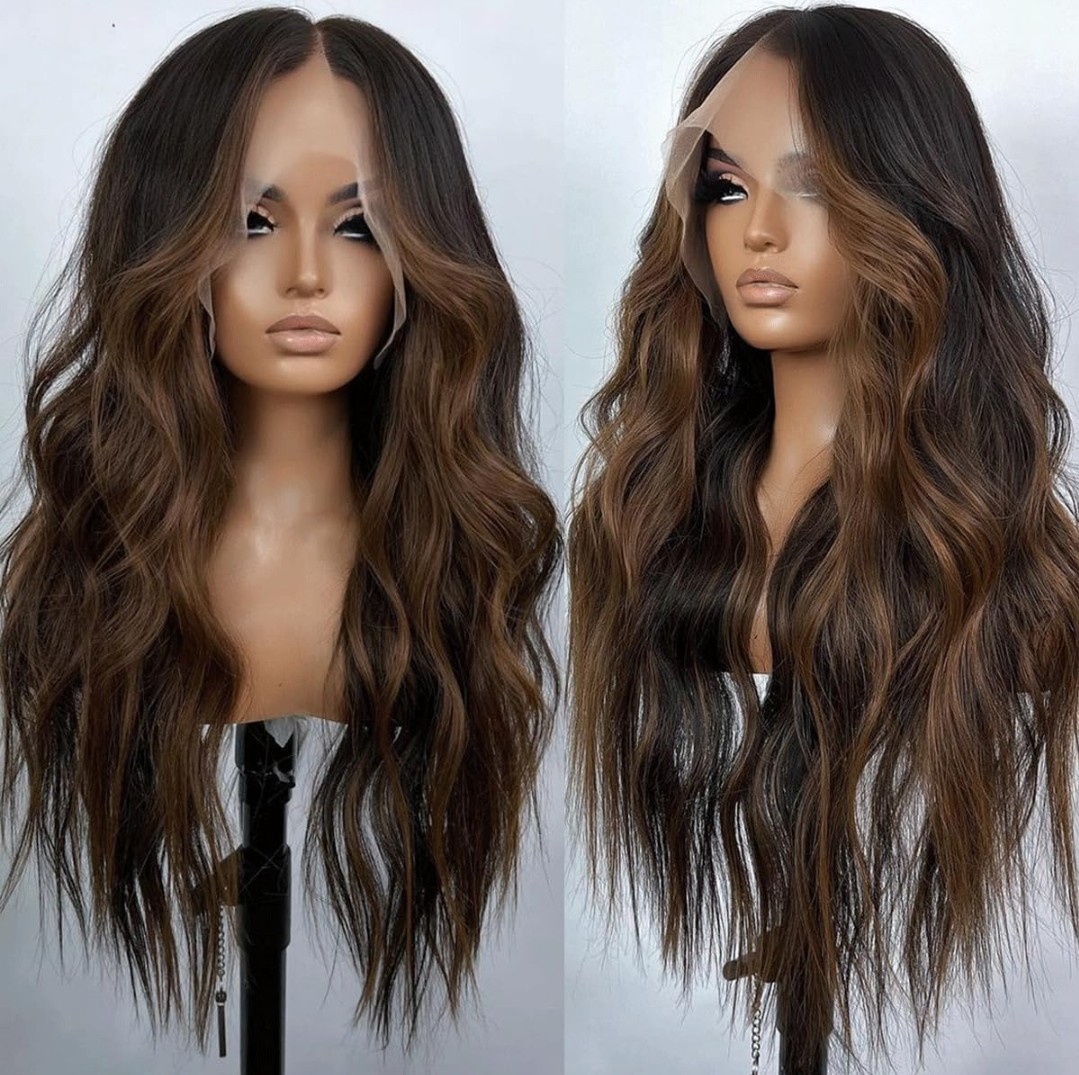 HD Lace Front Wig Human Hair Blend Highlights Straight Honey BROWN Blonde