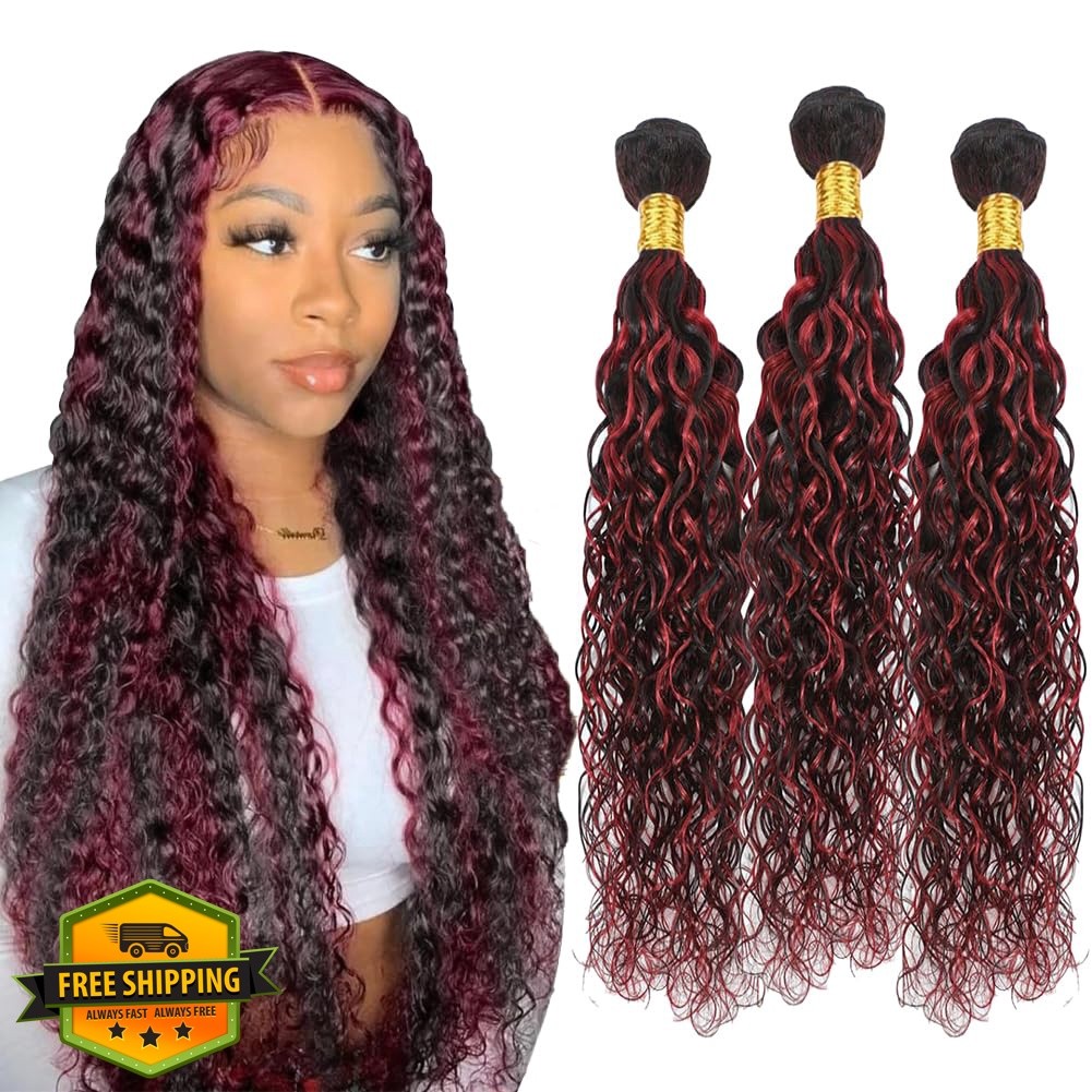 JUIOKAOO P1B/99J Burgundy 22 24 26 Water Wave Hair Bundles