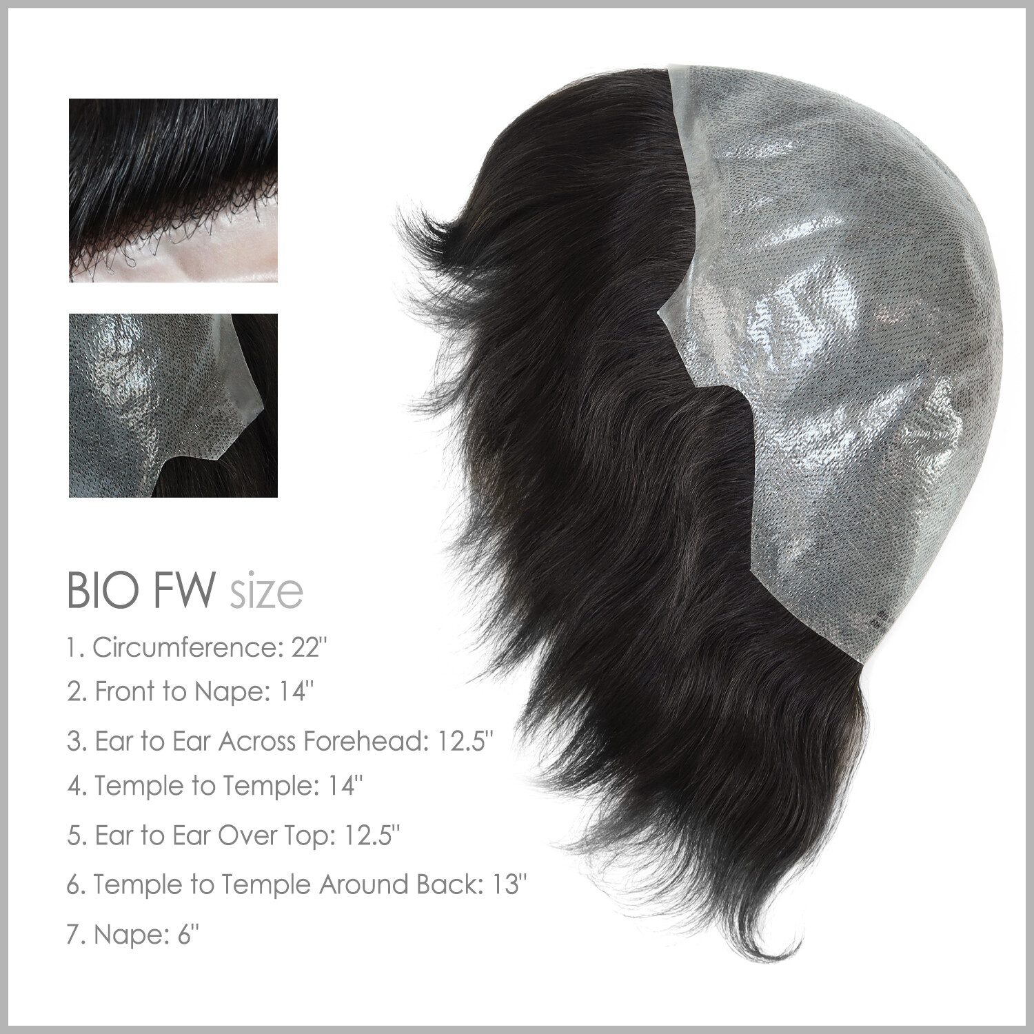 Mens Human Hair Full Head Wigs Thin Skin Wig Hair Replacement Medium Size 6”