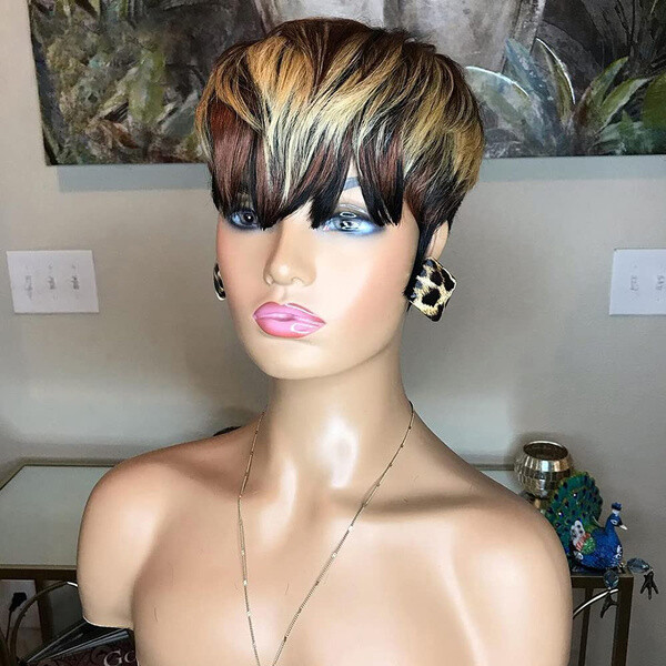 Pixie Cut Human Hair Short Wigs for Women Glueless Black Brown Blonde Mixed Wigs