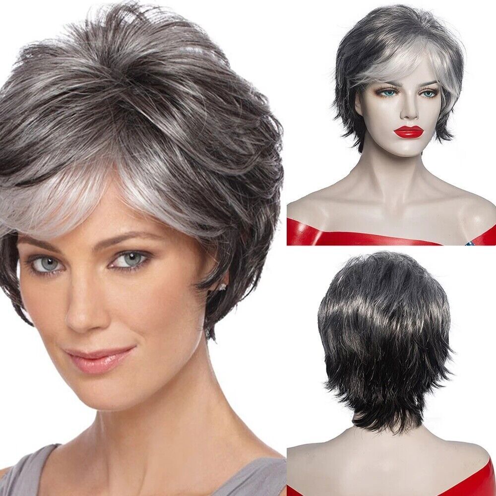 Women Short Gray White Hair With Black Mixed Wig with Bangs MoM Wig Synthetic US