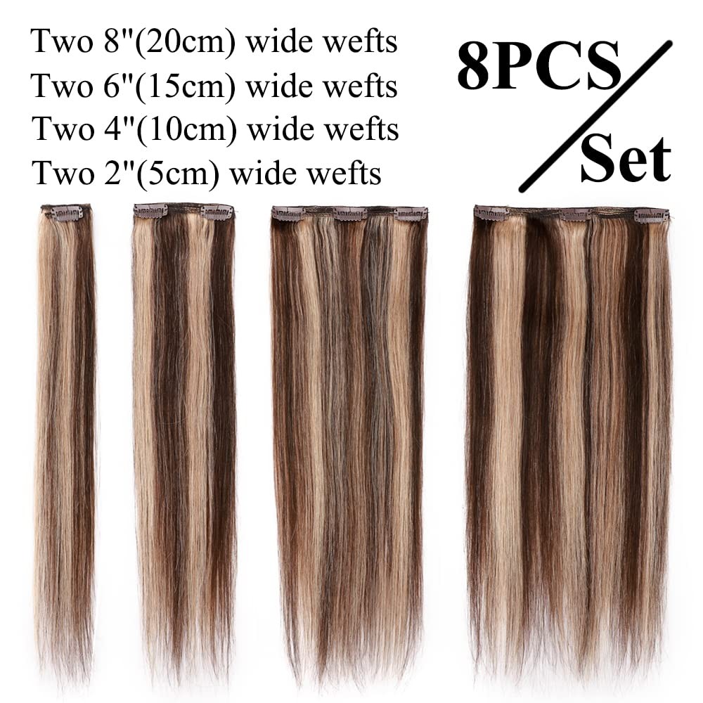 Clip in Hair Extensions 8pcs 120g 14″ #4/27 Medium Brown/Dark Blonde – Double