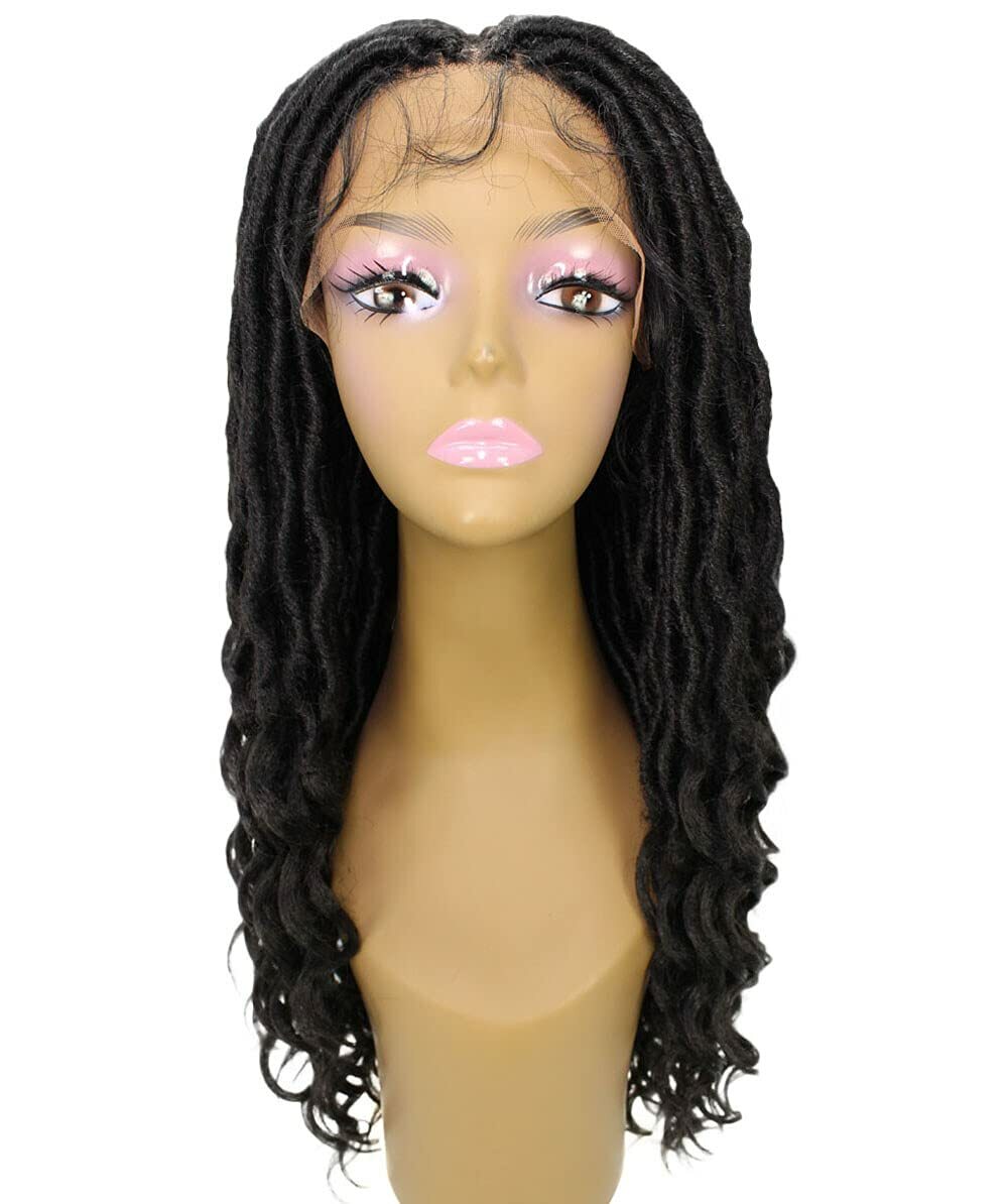 LUXLUXE Andrea 4×4 Curly Long 4X4 Hand Tied Lace Braid Black Wig