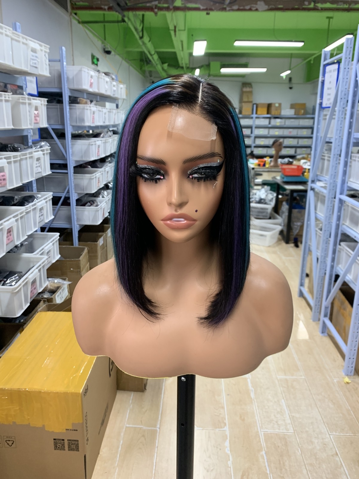 Bob Black Highlight Blue And Purple Straight Short 2×6 Lace Front Human Hair Wig