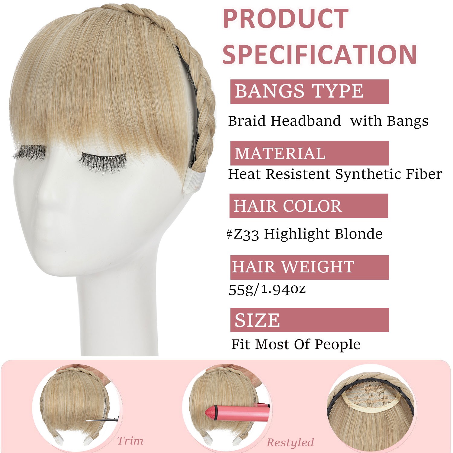 Xmas Braided Headband Hair Clip in Fringe Bangs Real As Human Hair Extensions US