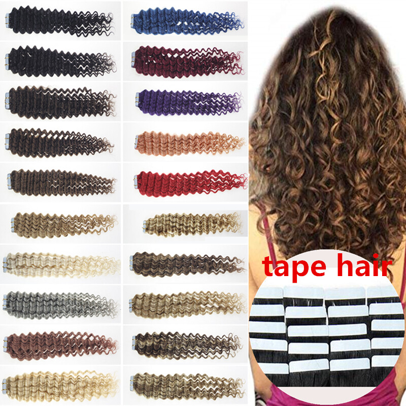 18Inch 40g 45cm Body Wavy & Curly Skin Weft Tape In Remy Human Hair Extensions