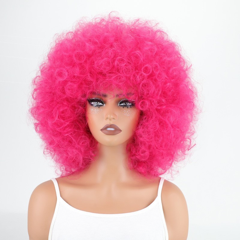 Hot Pink Afro Short Curly Wigs Pink Fluffy 70s Crazy Disco Funny Wigs Cosplay Pa