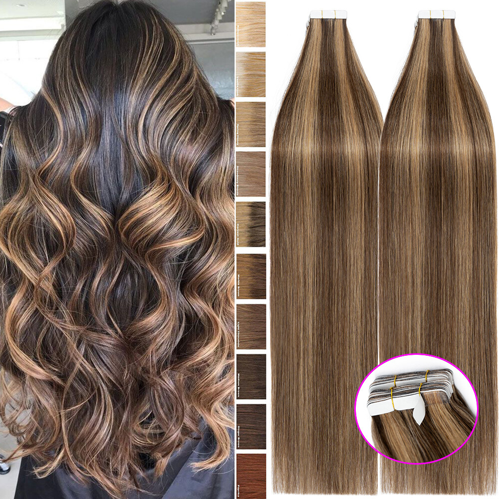 200g 80pcs Tape In 100% Remy Human Hair Extensions Skin Weft FULL HEAD Highlight