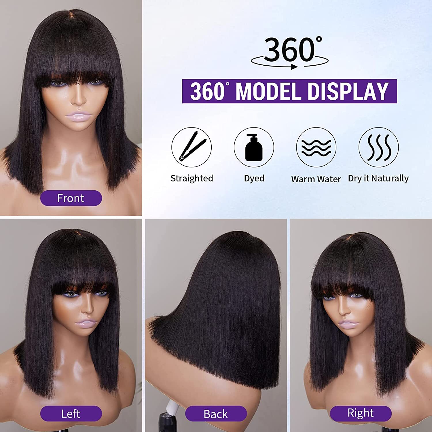 10 Inch Short Black Bob Wig with Bangs Human Hair Straight Bang Bob Wig 2×1 Lace