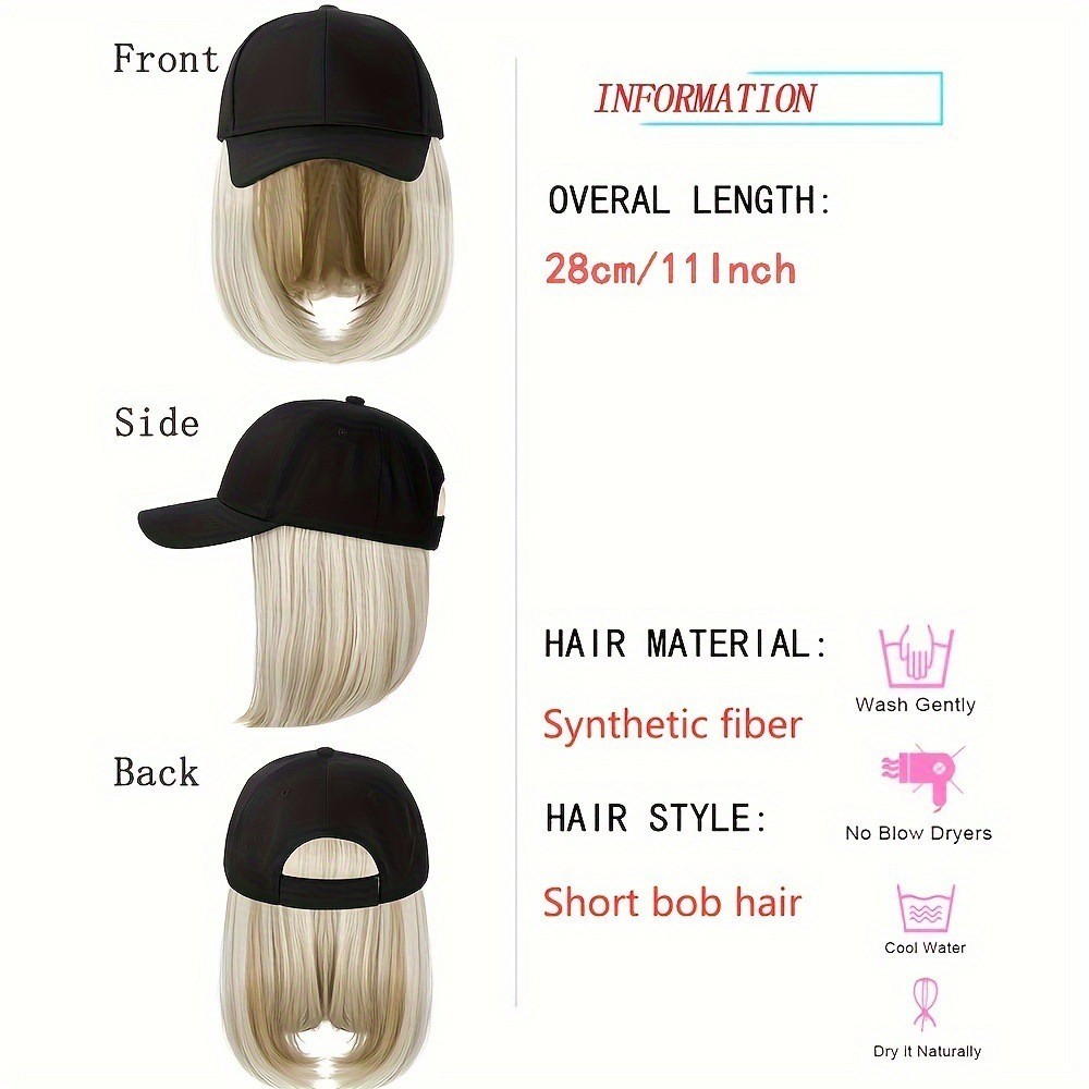 Women’s Baseball Cap with Hair Attached Bob Wig Hat Synthetic Hair Wig Cap