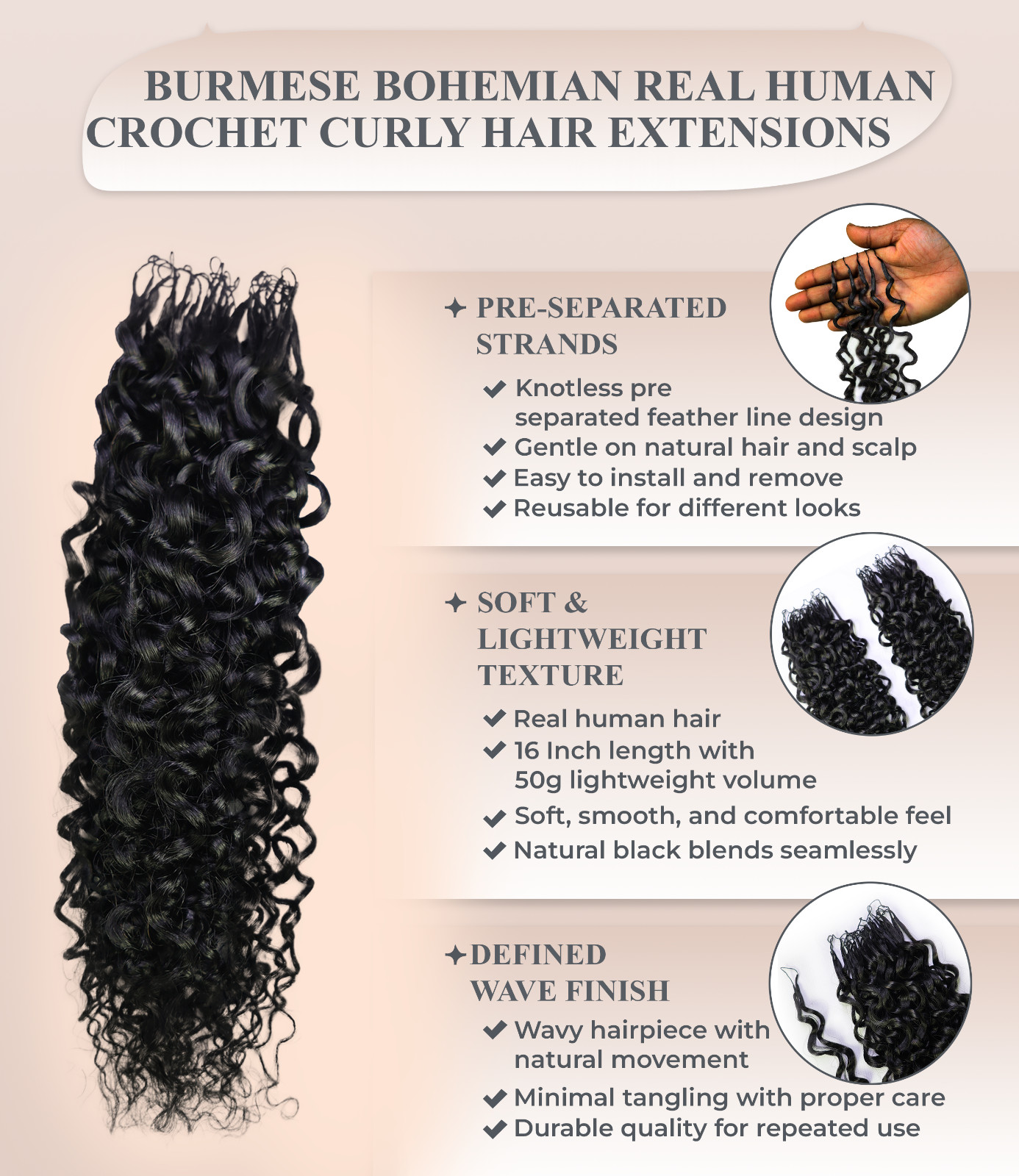 Human Hair Crochet for Black Women Burmese Bohemian Curly Hair Extension 50g 18″