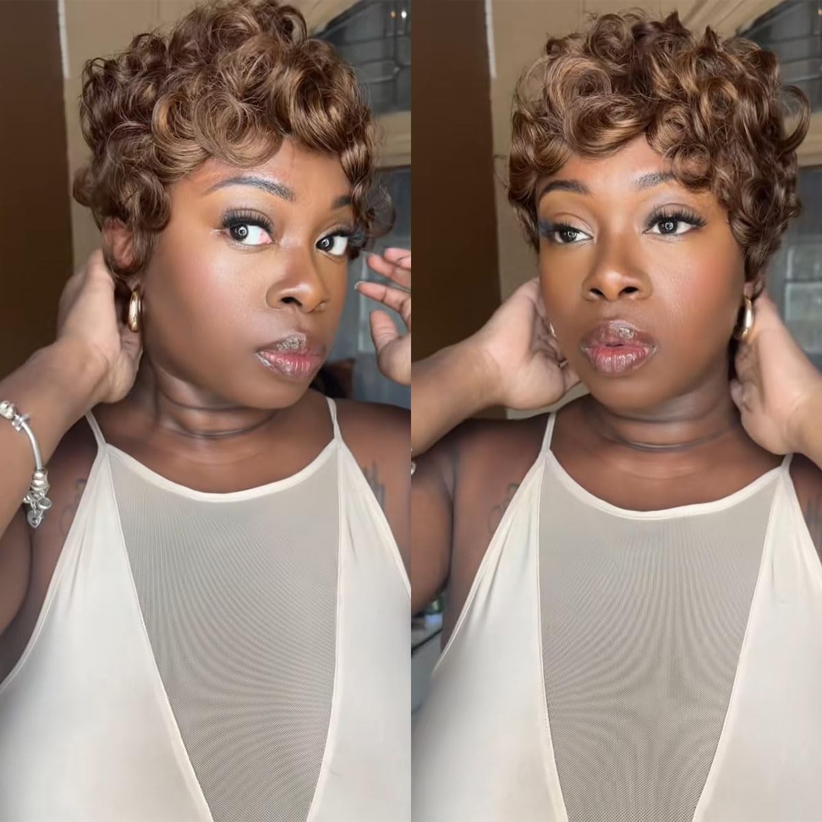 Showreal Brown Short Wigs Pixie Cut Curly Wigs For Black Women Pixie Cut Human