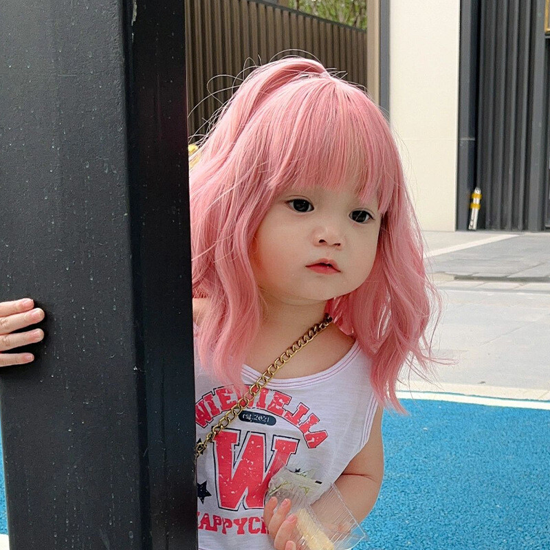 Pink Wig for Kids with Bangs Girls Short Curly Wavy Wig Synthetic Hair Wigs