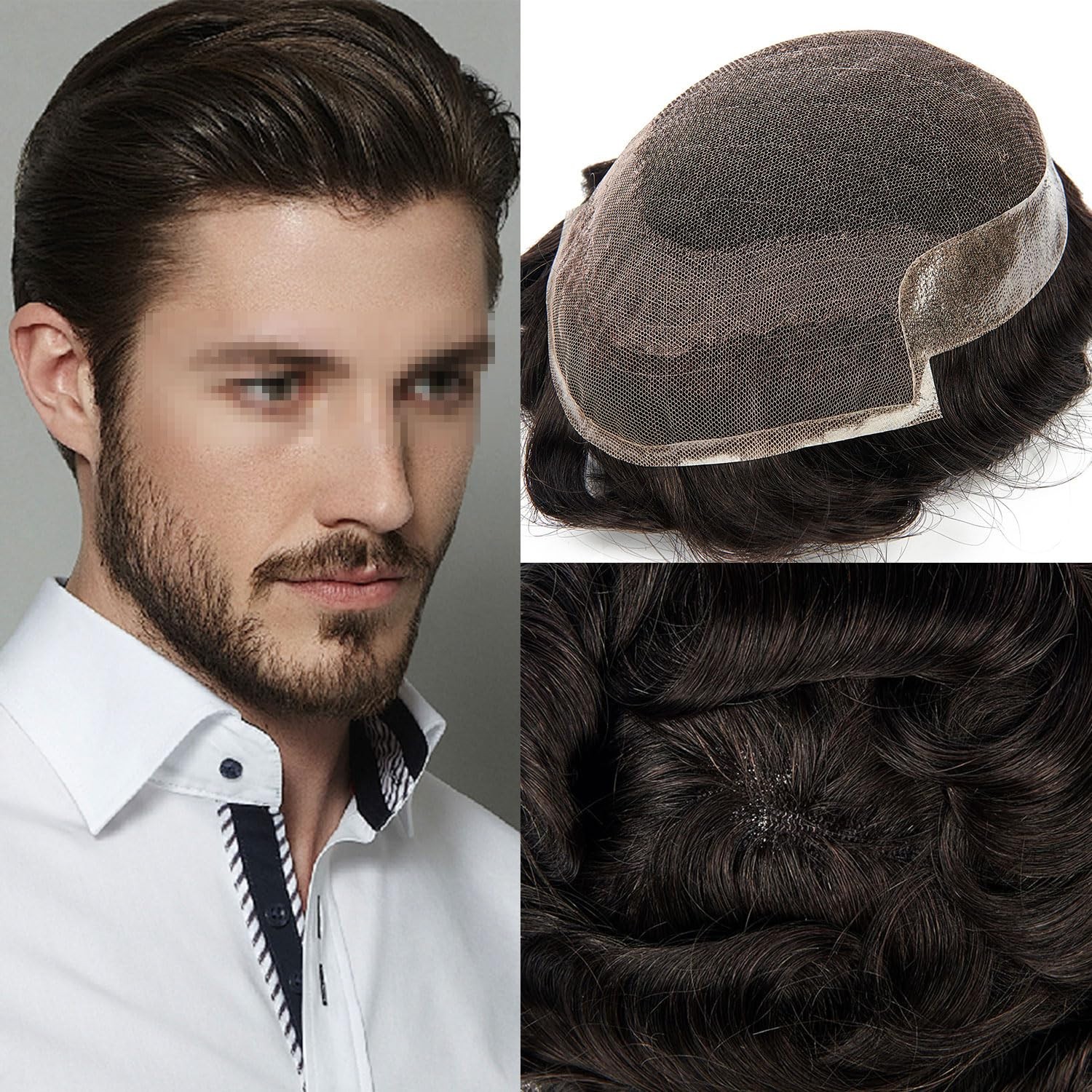 SWISS LACE Front Mens Toupee Human Hair Replacement System Poly Skin Hairpiece