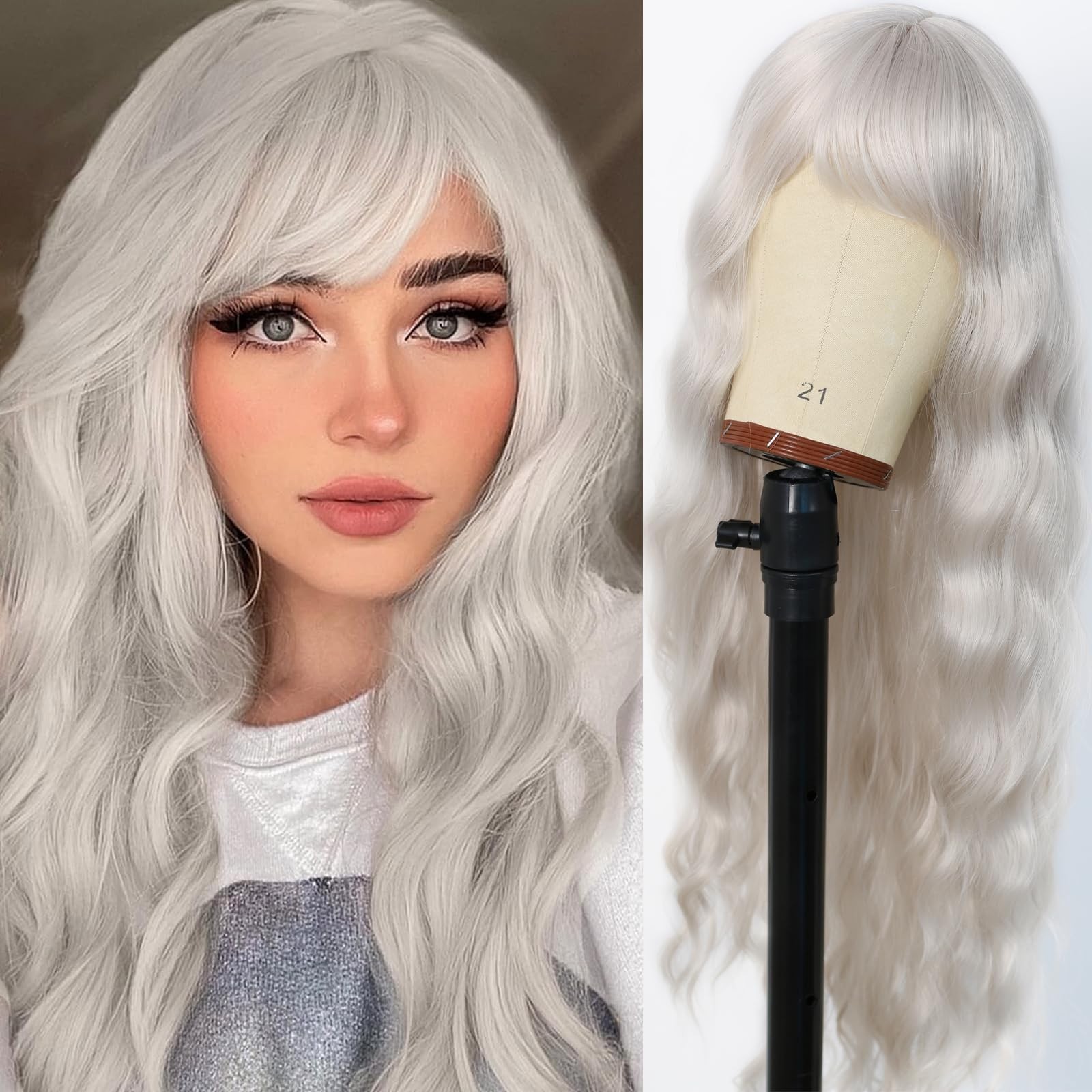 Silver Gray Wig with Bangs Grey Wigs for Women Long Curly Wig with Air Bangs …