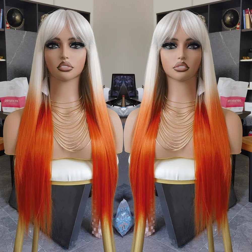 Maycaur White Orange Skunk Stripe Wigs Long Straight Synthetic Hair Wigs Full