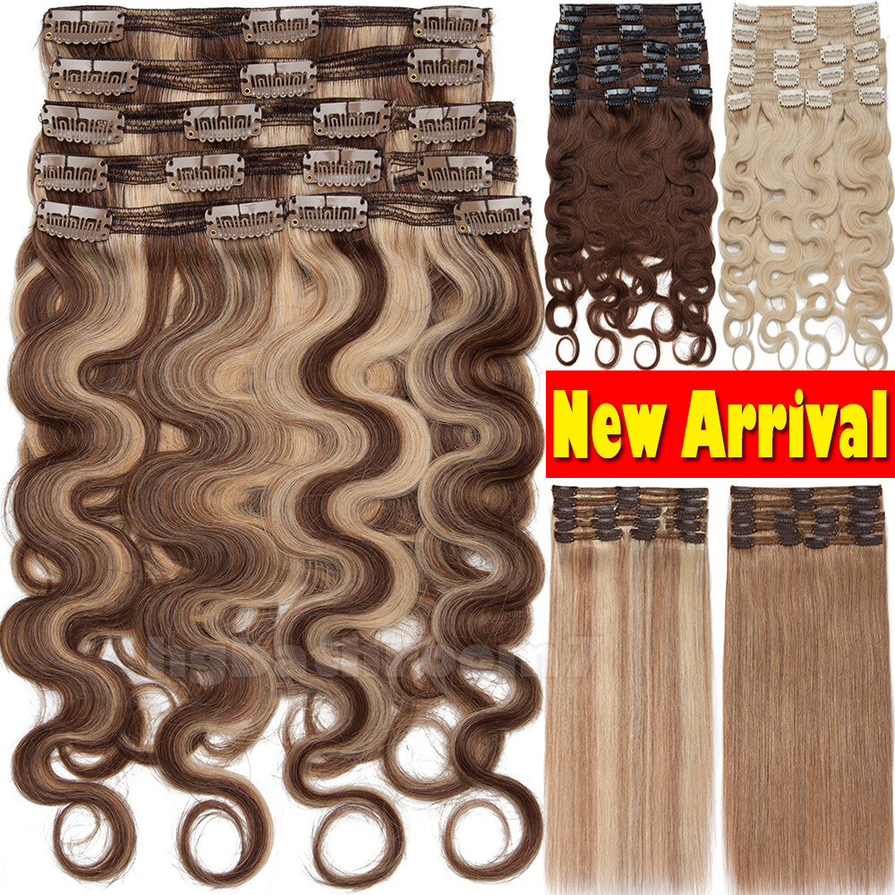 US FAST Wavy Thick Clip In Remy Human Hair Extensions Double Weft Full Head LONG