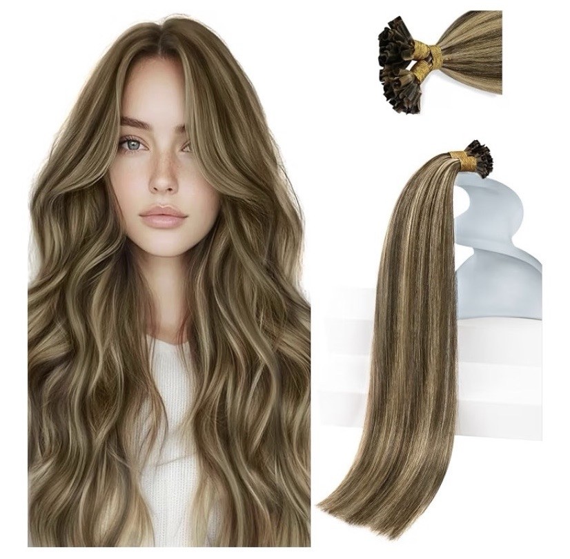 Sunny Hair 14” K Tip Human Hair Extensions #P4/27 Med Brown Caramel Blonde 50g