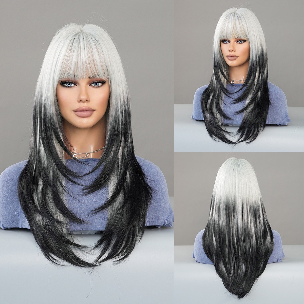 Silver-white gradually darkening black long straight hair high-level wig
