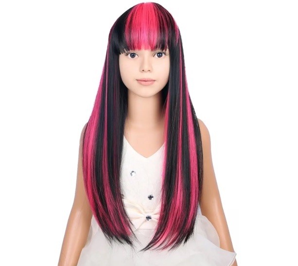 Pattnium Long Straight Black Wig for Kids Child Black Mixed Pink Wig with Bangs