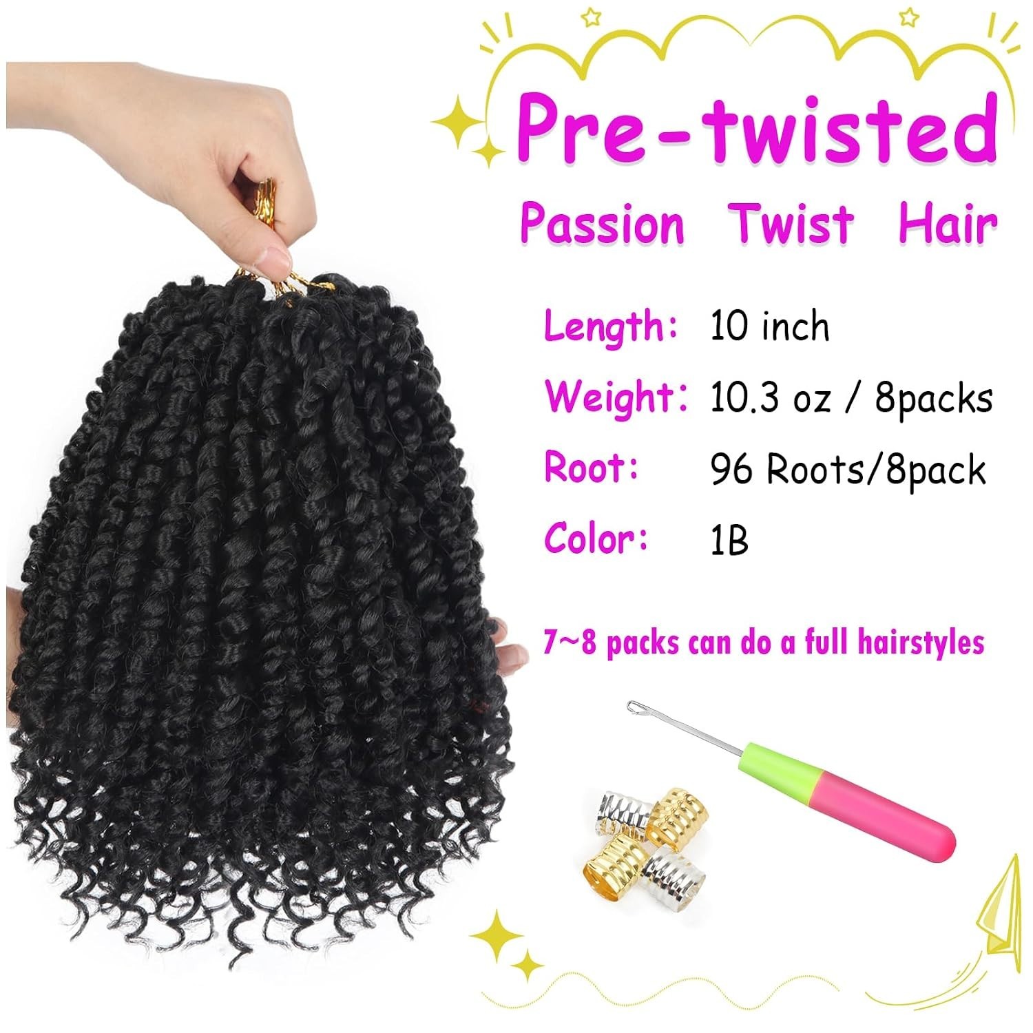 8 Pack Passion Twist Crochet Hair 10 Inch Pre-twisted Short Crochet Passion T…