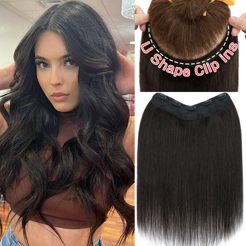 Clip In Human Hair Extensions One Piece Clip On Weft V-Shape For Women Thick US