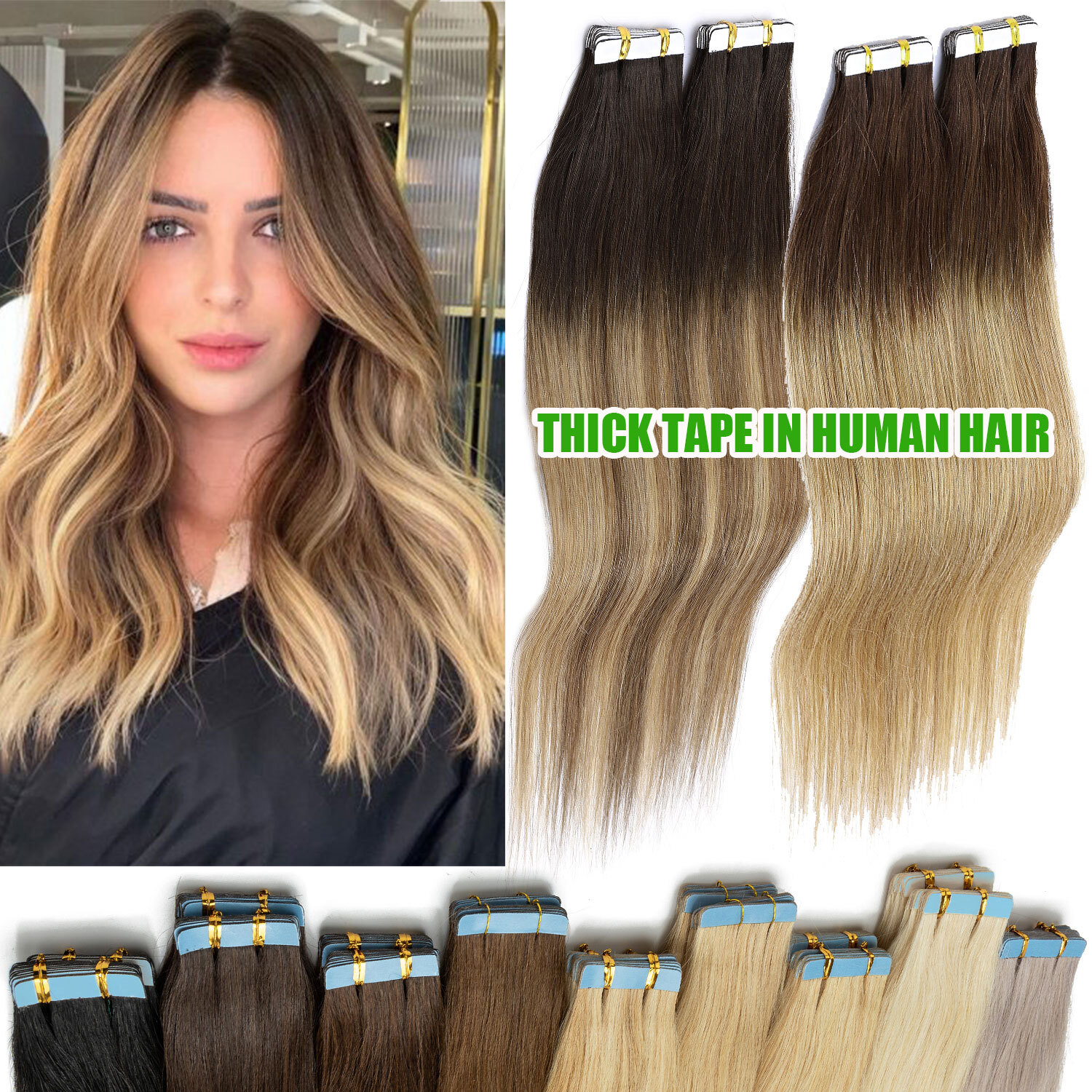 Thick Tape In Remy Human Hair Extensions Skin Weft FULL HEAD Balayage 10-80PCS Q