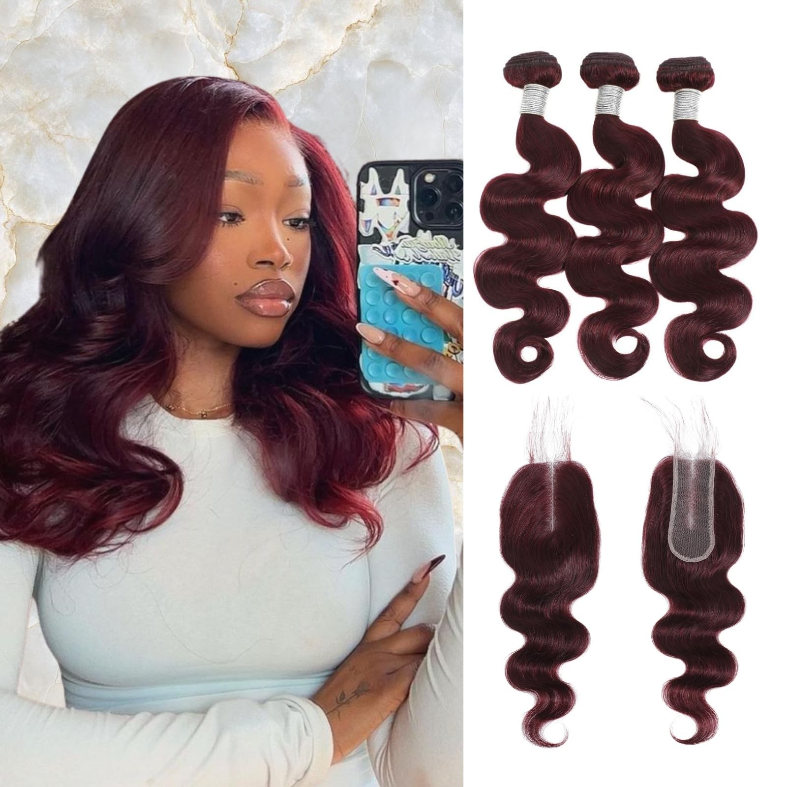 Momoshero 99J Dark Burgundy Body Wave 3 Bundles Human Hair 2X6 Kim K Lace