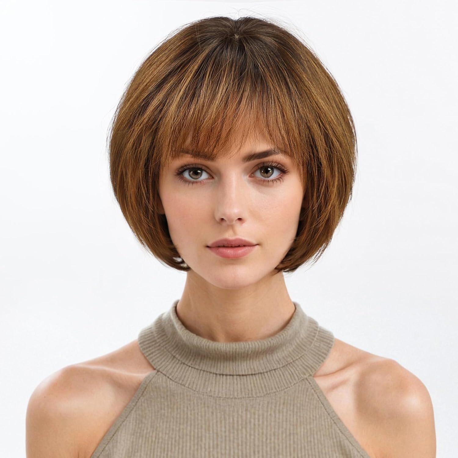 Ombre Ash Brown Wigs Human Hair for Women Remy Human Hair Wigs with Bangs