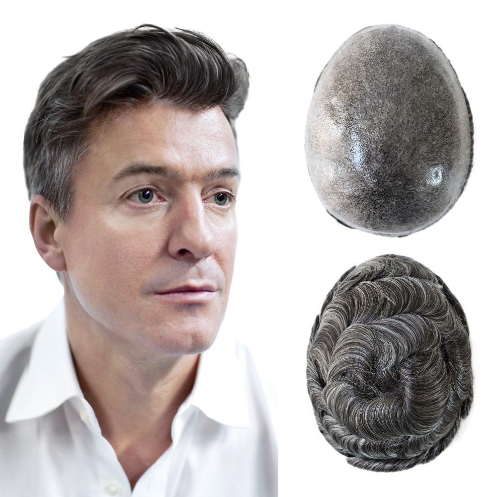 Toupee for Mens Human Hair Replecement System Injection Skin Grey Gent Hairpiece
