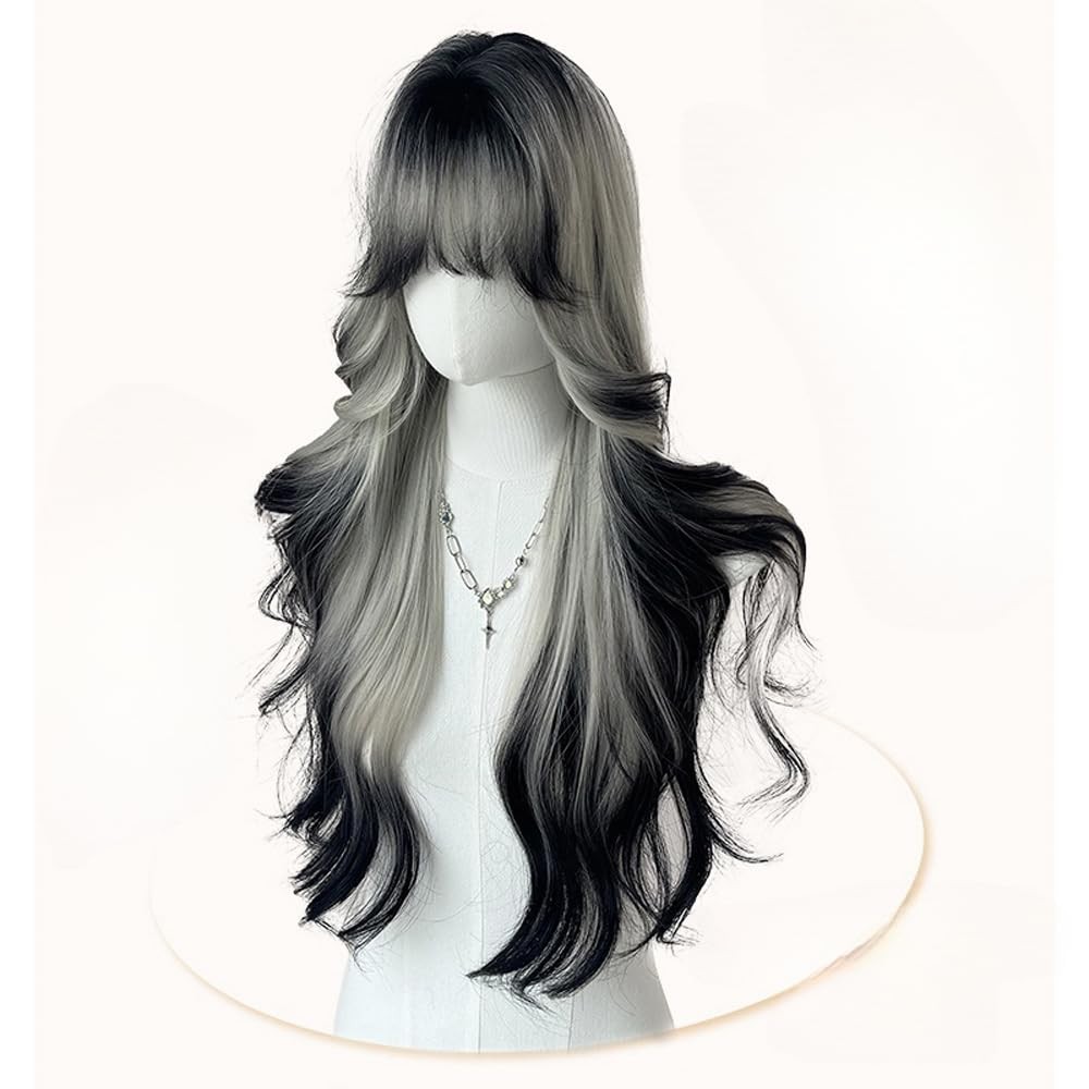 Black White Ombre Long Wavy Wig for Women Lolita Synthetic Curly Hair Wig wit…