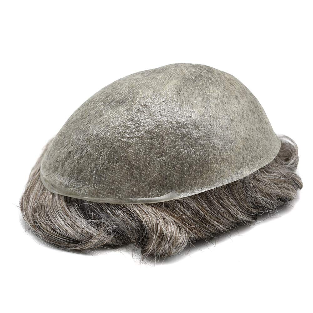 Mens Toupee Gray Hair Replacement System Thin Skin Men Wig Human Hairpieces US