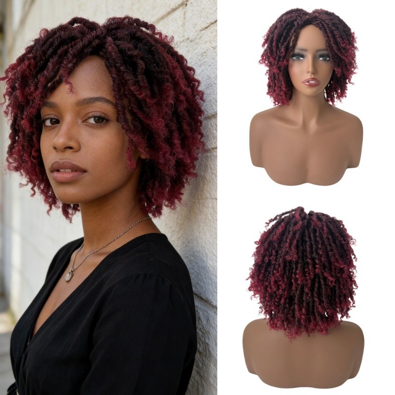 Short Dreadlock Wig 12 Inch Synthetic Fiber Curly Braided Wig Rose Net Cap 1B#