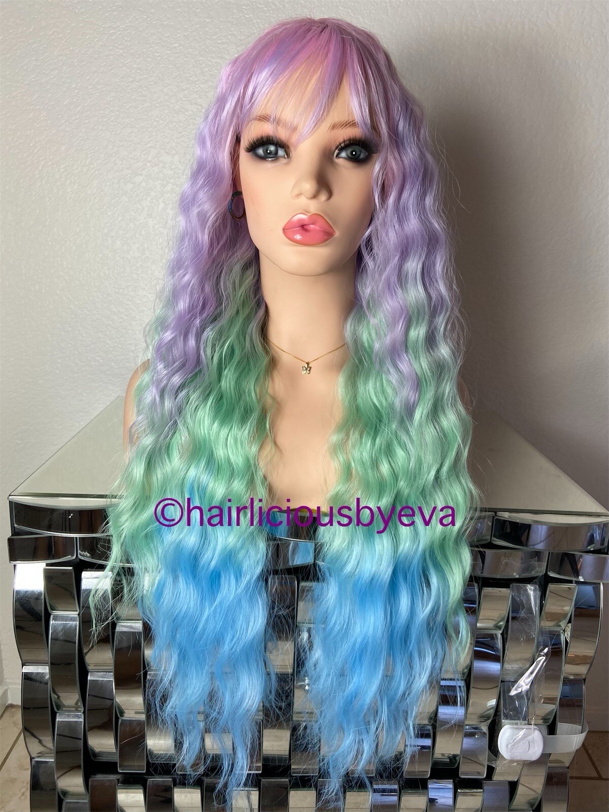Pastel rainbow wig with bangs 24 inch long heat ok wavy