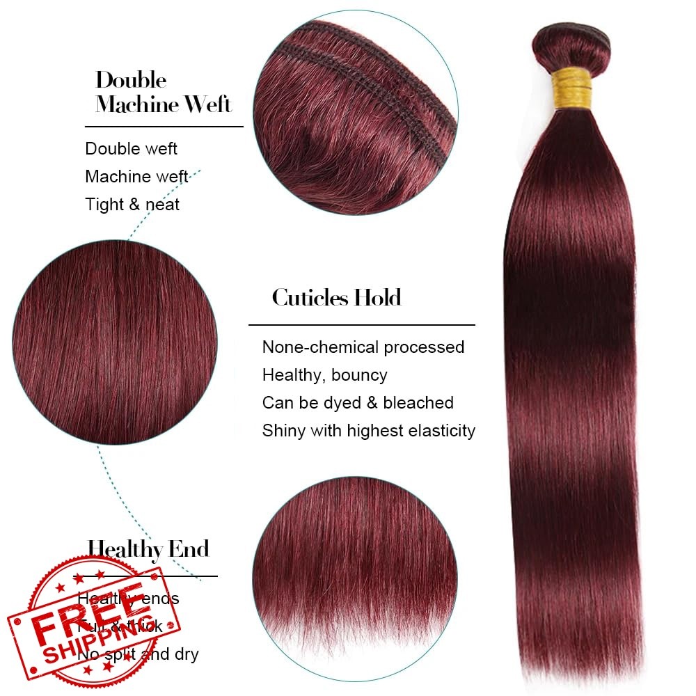 FuivJuix 22 24 26 Inch #99J-Burgundy Color-ST Straight Bundles