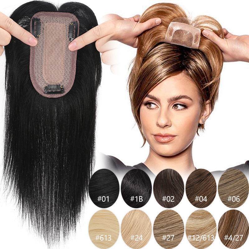 CLEARANCE Women Topper Hairpiece Clip In Remy Human Hair Silk Base Toupee+Bangs