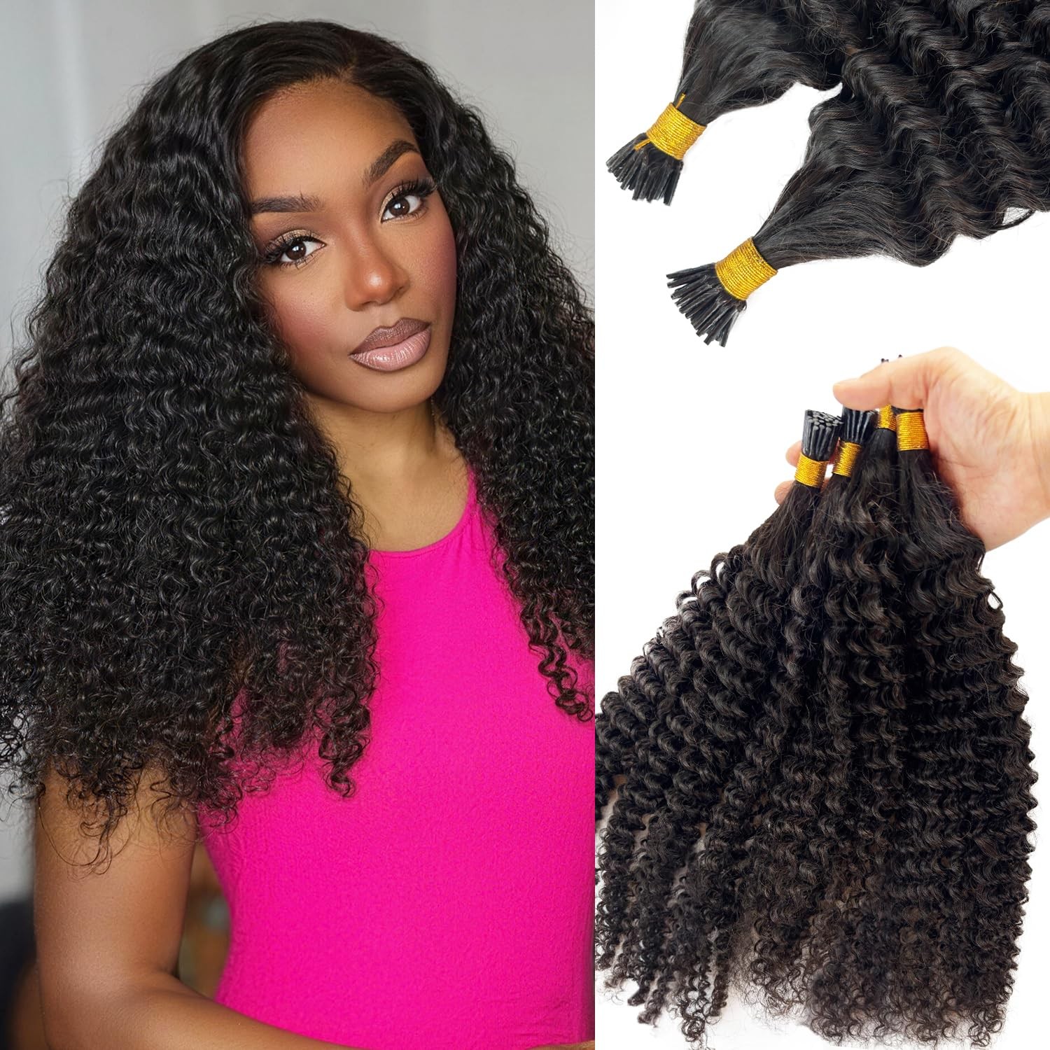 Licoville Kinky Curly Human Hair I Tip Extensions Natural Black Color Micro Tip