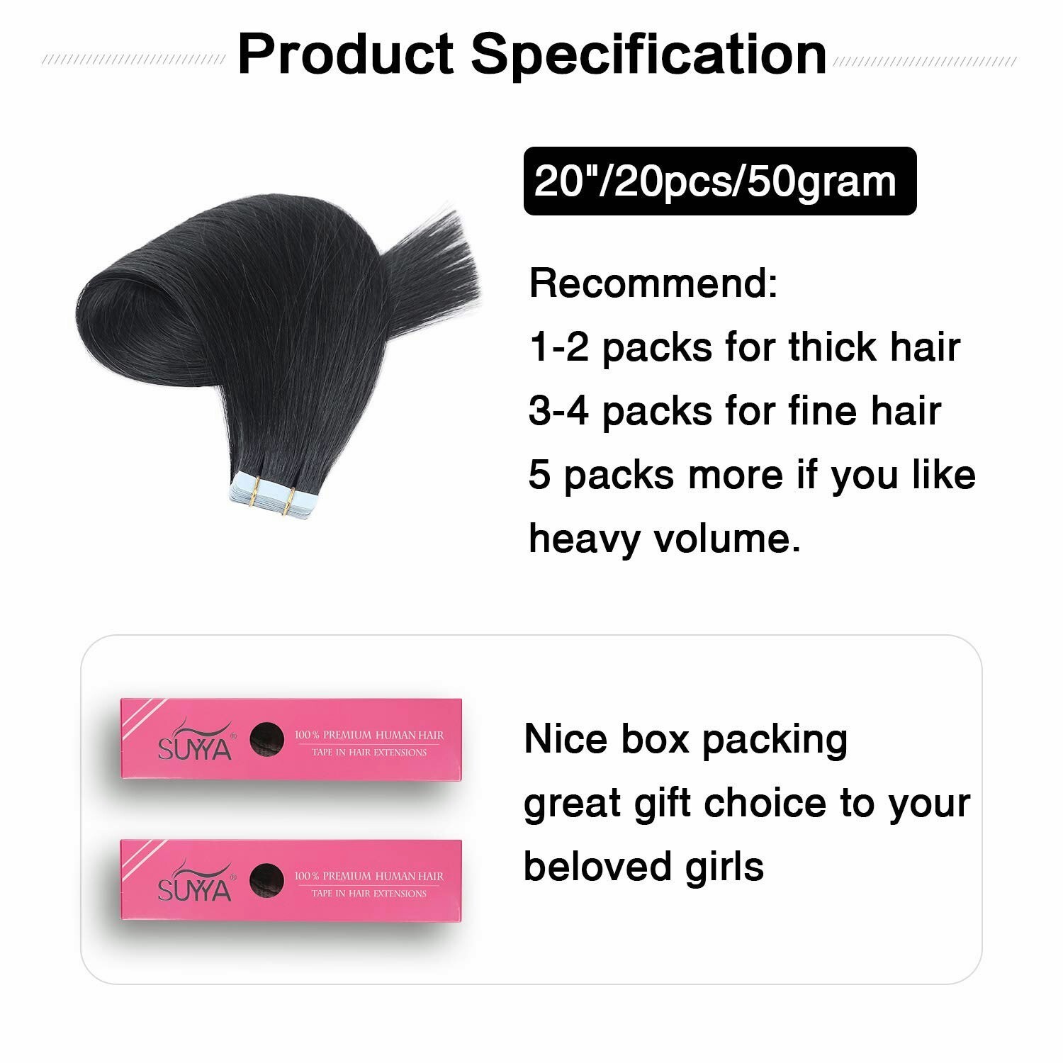 Tape in Hair Extensions Jet Black 100% Tape in Remy Human Hair 20 inches 20pcs 5