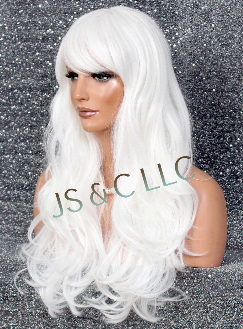 Human hair Blend Full Wig White LOng slightly Wavy Layers Bangs Heat OK WBKT