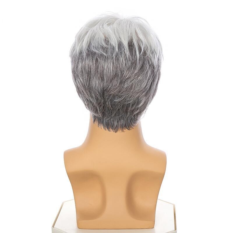 Men’s Short Gray Wig Asymmetrical Part Synthetic Hair Wig for Middle Old Age