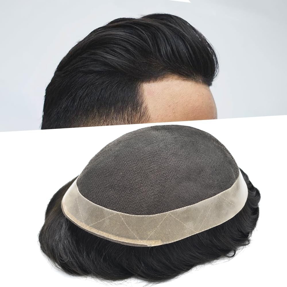 French Lace Mens Toupee Hair System Replacement for Men Poly Pu Around Men Wigs